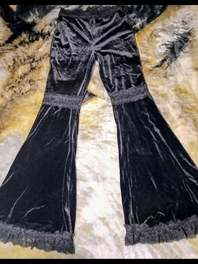 Black Velvet Lace-Trim Flared Pants
